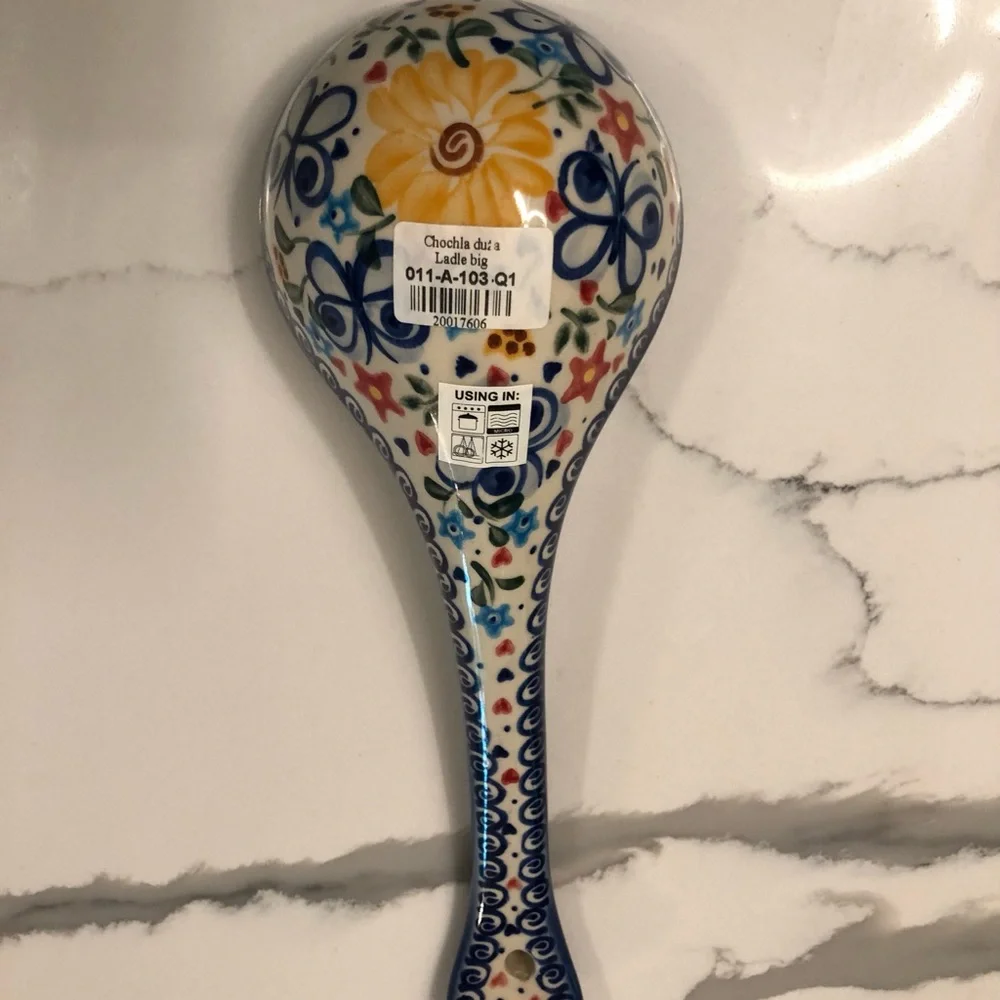 NWT Vena Polish Pottery Hand-Painted Blue Rose Floral Butterfly Ceramic Ladle